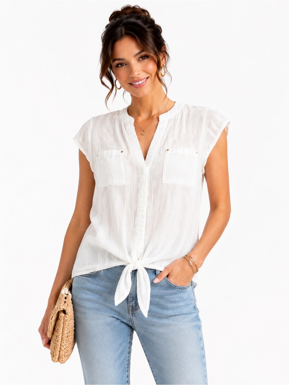 Cache White Tie-Front Short Sleeve Blouse
